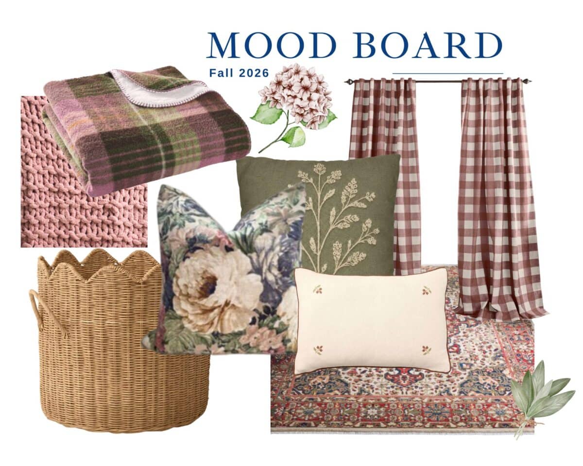Autumn is the season for mood boards with cozy blankets, pillows, rugs, and floral accents in soft, warm tones.