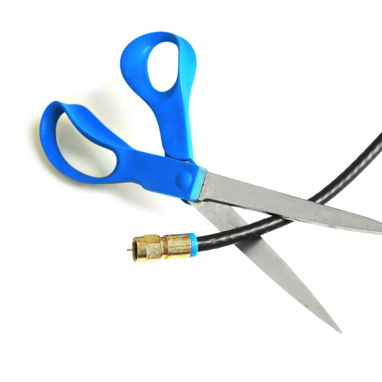 stock photo of a scissors cutting the cable