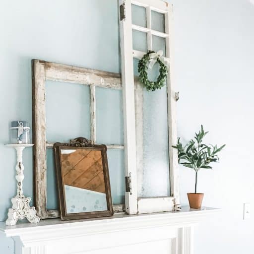 Vintage Windows and Mirrors on a white fireplace mantel