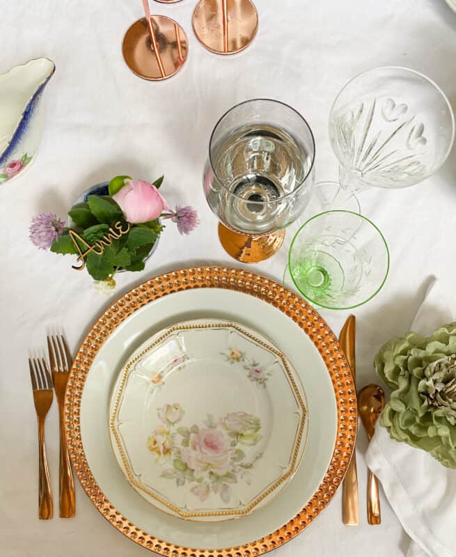 Wedding Tablescape with Vintage Glassware and plates