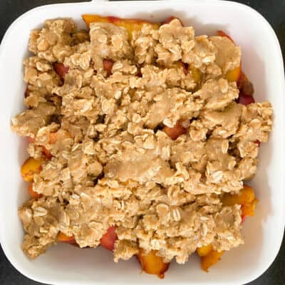 Putting Peach Crumble together in baking pan