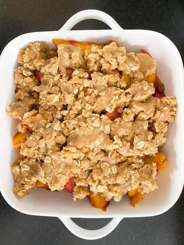 Putting Peach Crumble together in baking pan