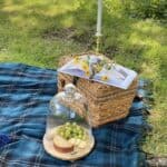 Blue and Black plaid blanket with picnic basket. On the picnic basket is a book, flowers and a candle. Next to the basket is a wooden board with cheese, crackers and grapes
