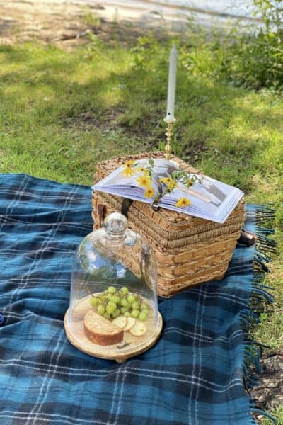 Blue and Black plaid blanket with picnic basket. On the picnic basket is a book, flowers and a candle. Next to the basket is a wooden board with cheese, crackers and grapes