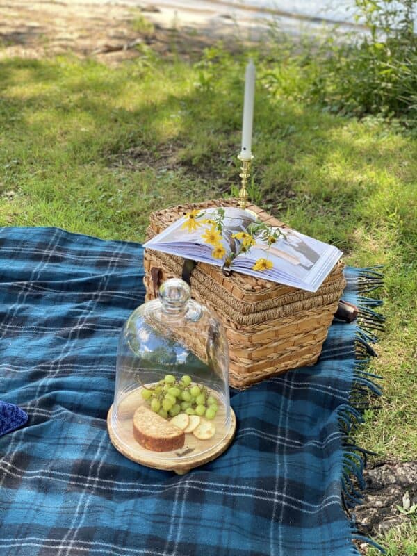 Blue and Black plaid blanket with picnic basket. On the picnic basket is a book, flowers and a candle. Next to the basket is a wooden board with cheese, crackers and grapes