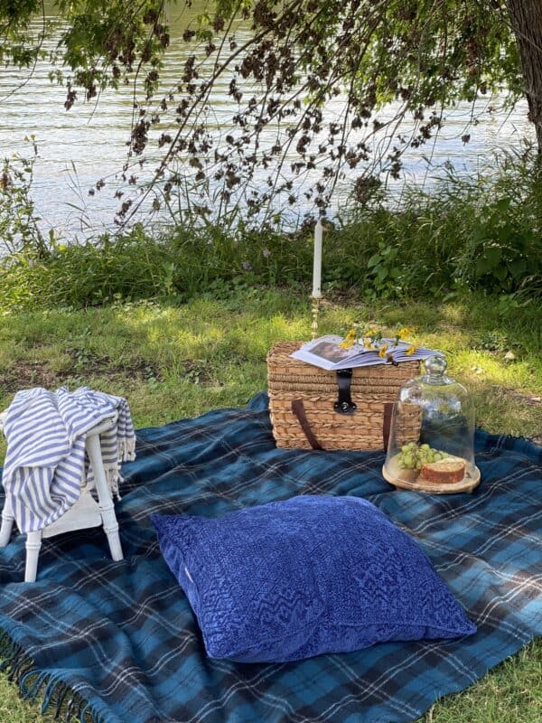 Blue and black plaid blanket on the ground next to water with a picnic basket, some snacks, a pillow and another throw blanket