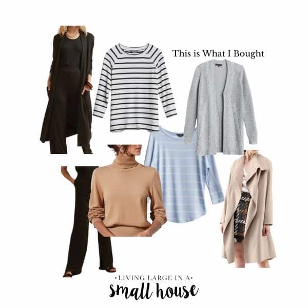collage with a black sweater coat, black knit pants, camel color turtleneck sweater, black and white striped top, light blue and white striped top, grey cable knit cardigan, sand colored duster coat