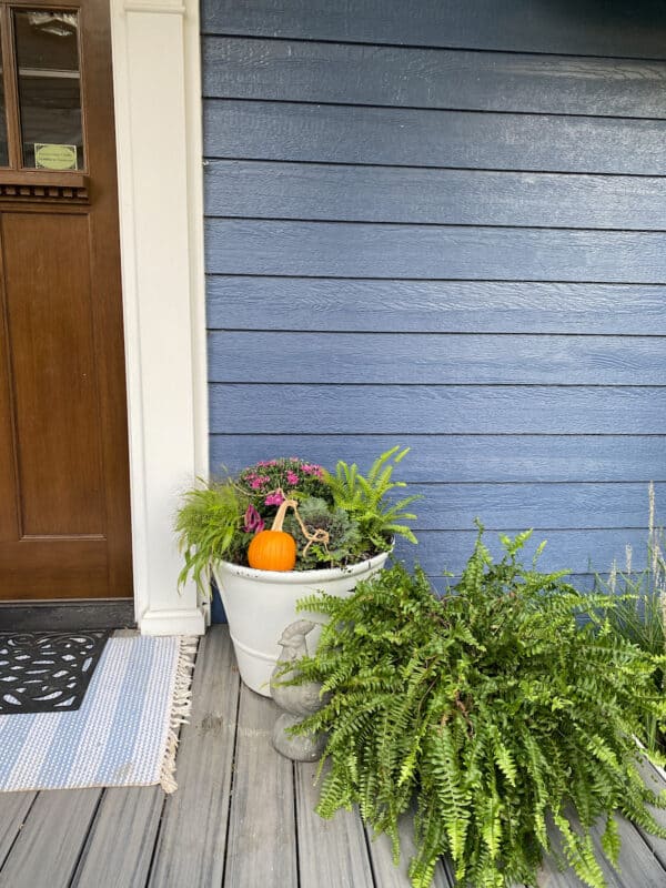 White pots with flowers on front porch next to the door with blue siding behind them