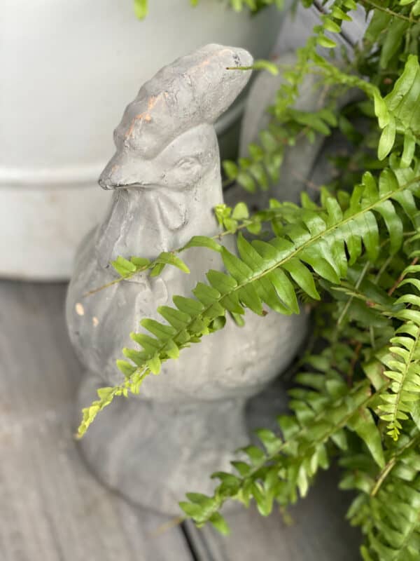 A cute vintage cement chicken peeking out from the pots on my front porch