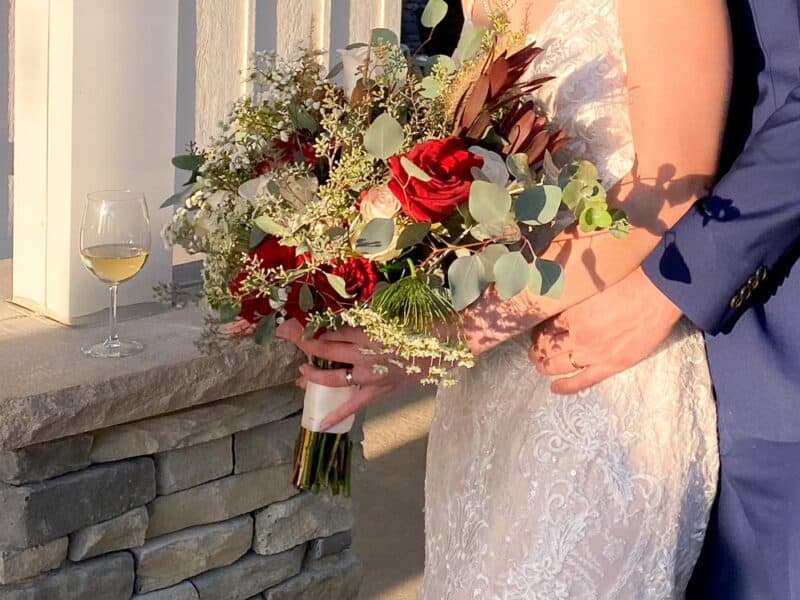 fall wedding bouquet with eucalyptus and roses