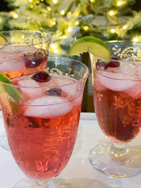Cran-raspberry wine spritzer in vintage glass tumblers