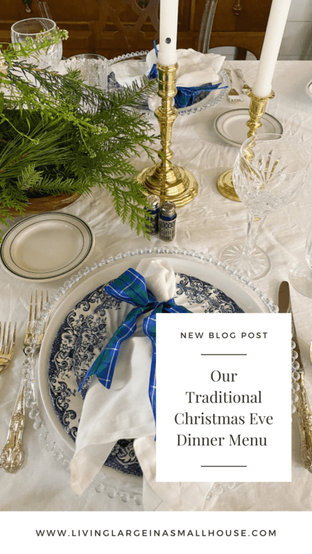 Pinterest Pin with overlay that says "Our Traditional Christmas Eve Dinner Menu" on top a a photo of my holiday table