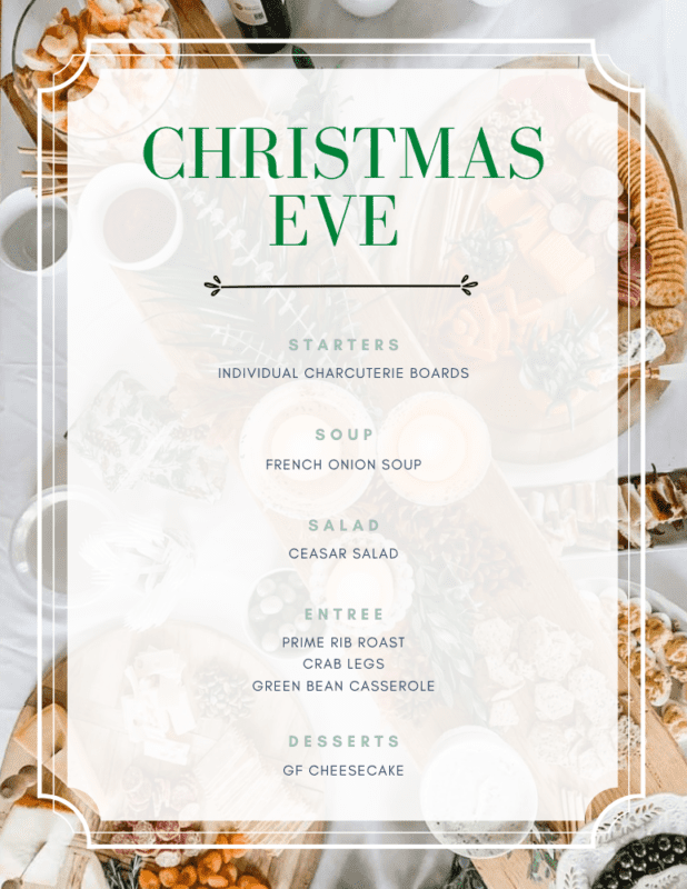 A printed menu of our Christmas Eve Dinner on white paper overlaid on a picture of a charcuterie board