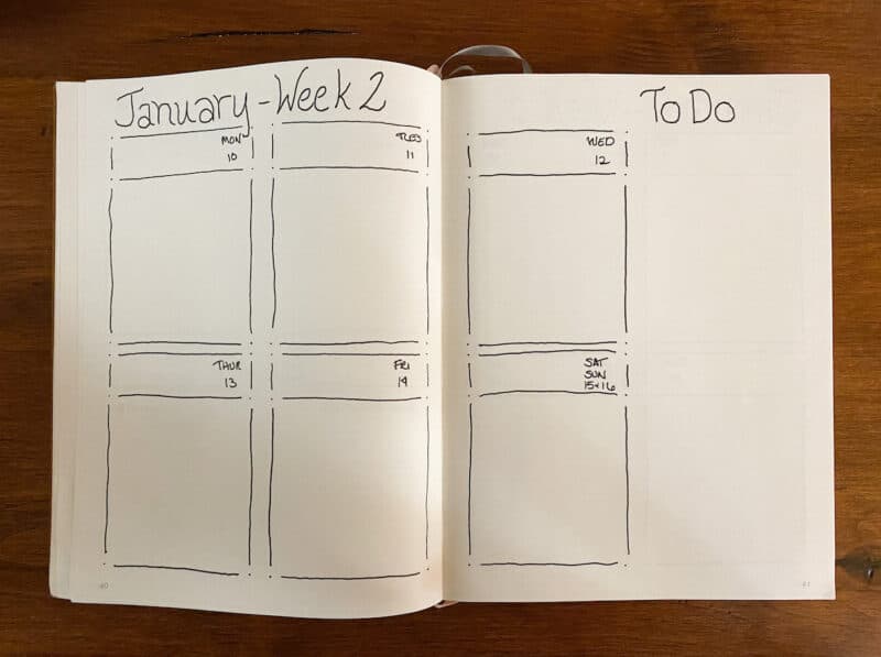 bullet journal January week 2 2022 with a box for each day plus an area on the right side for a to-do list