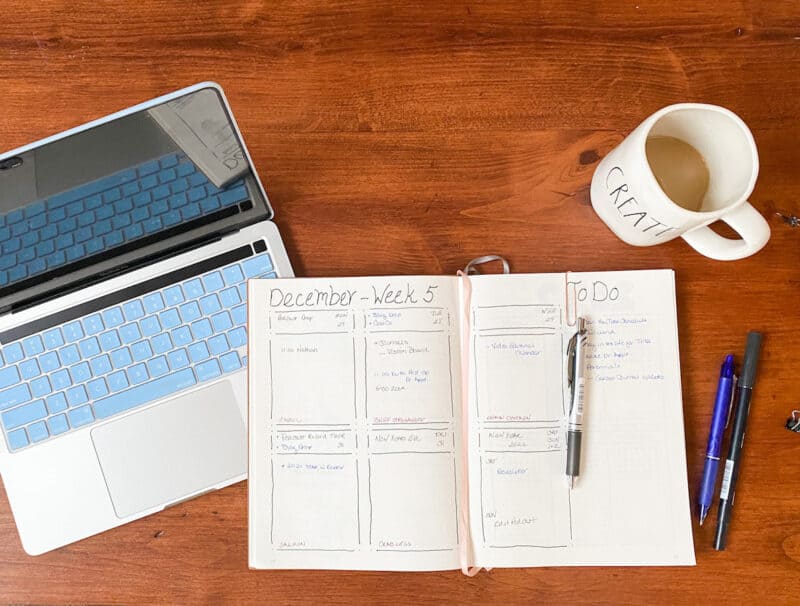 picture of Mac book computer, bullet journal, pens and cup of coffee on wooden desk