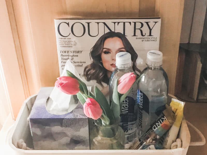 Basket filled with goodies for overnight guests