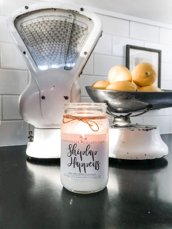 Picture of clean counter tops with my vintage scale and a lit candle