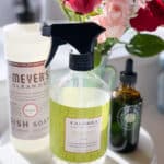 footed cake plate next to the kitchen sink with Mrs. Meyers Dishwashing Soap, Caldera Spray, plant food and a small vase with flowers.