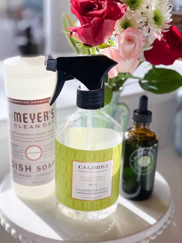 footed cake plate next to the kitchen sink with Mrs. Meyers Dishwashing Soap, Caldera Spray, plant food and a small vase with flowers.