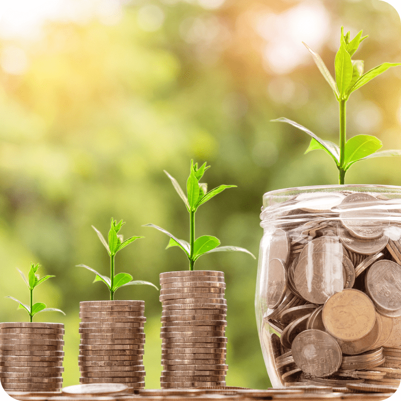 stock photo picture of three stocks of coins, each stack a little taller than the next until you have a jar full of coins. Each image has an plant growing from it. Symbolizing that saving small amounts of money over time grows