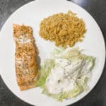 baked salmon with orzo and a side salad. The recipe is part of my guide to preparing a monthly meal plan