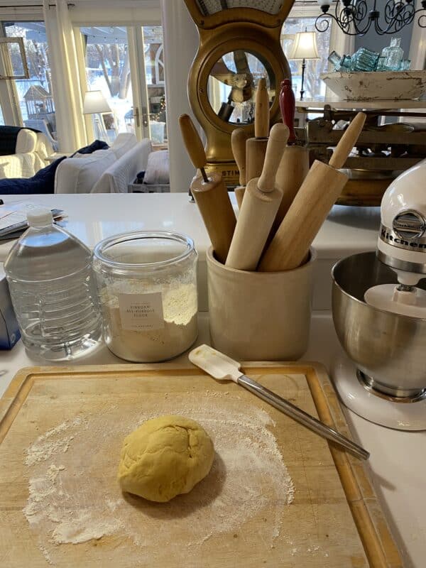 Pasta dough after mixing and kneading, rolled into a ball and waiting to be cut into 1/4ths