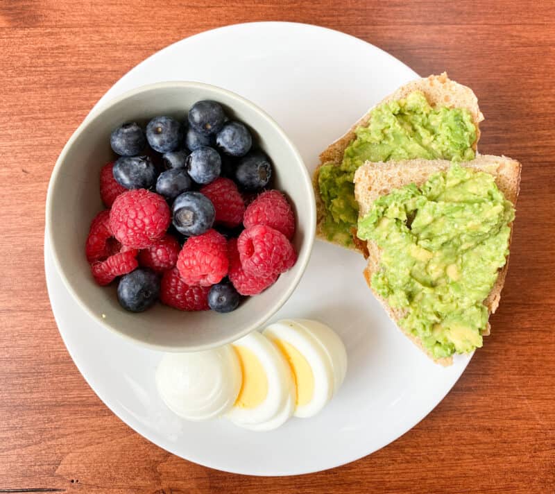 berries, avocado toast and a hard boiled egg. The recipe is part of my guide to preparing a monthly meal plan