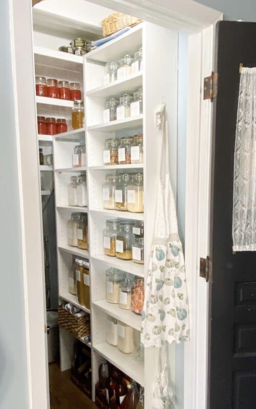 Pantry under the stairs with white laminate 8" shelves on both sides and a wire rack in the back
