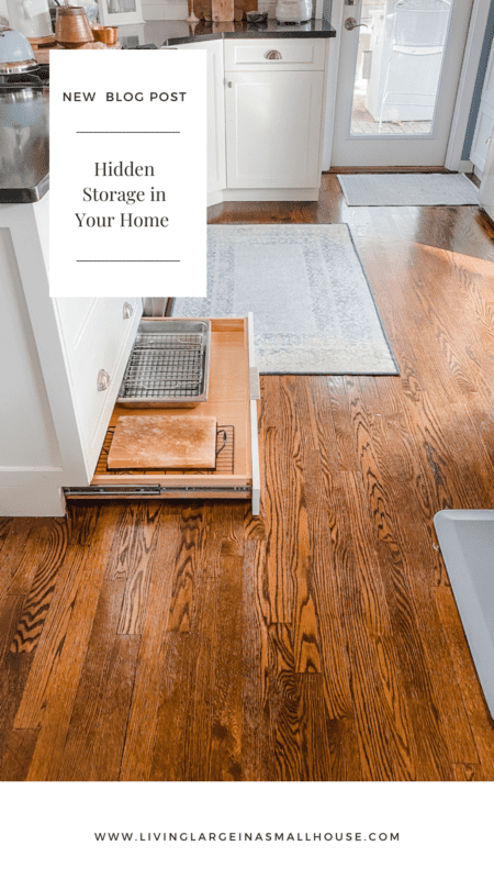 Pinterest pin with picture of my hidden cabinet drawers with an overlay that says "Hidden Storage in Your Home"