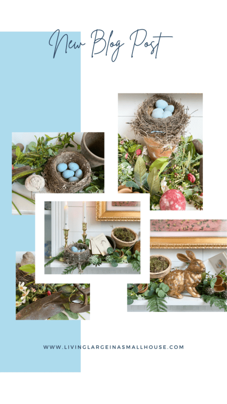 pinterest graphic of five pictures of the whimsical budget-friendly spring mantel decor