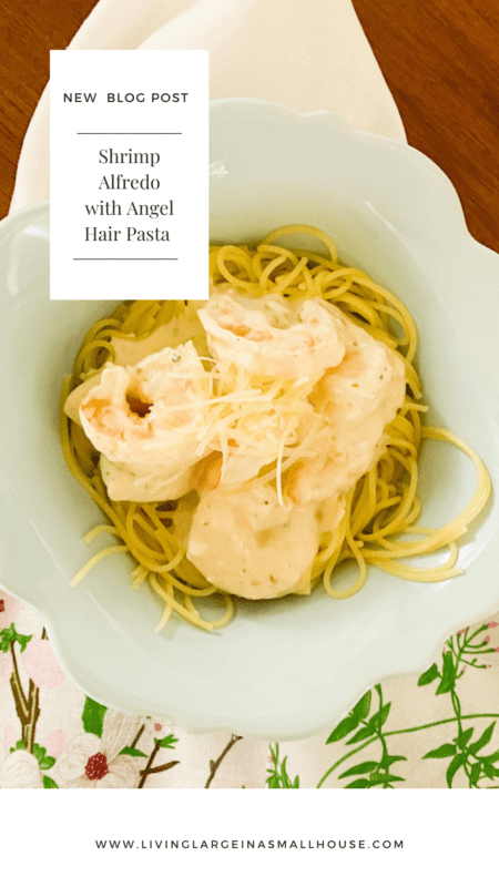 Pinterest graphic of shrimp Alfredo with angel hair pasta
