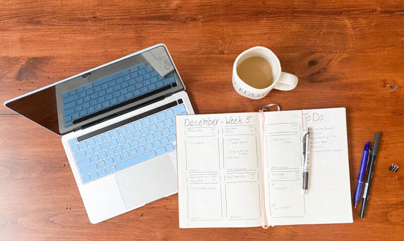 photo of my computer, planner and cup of coffee on my desk