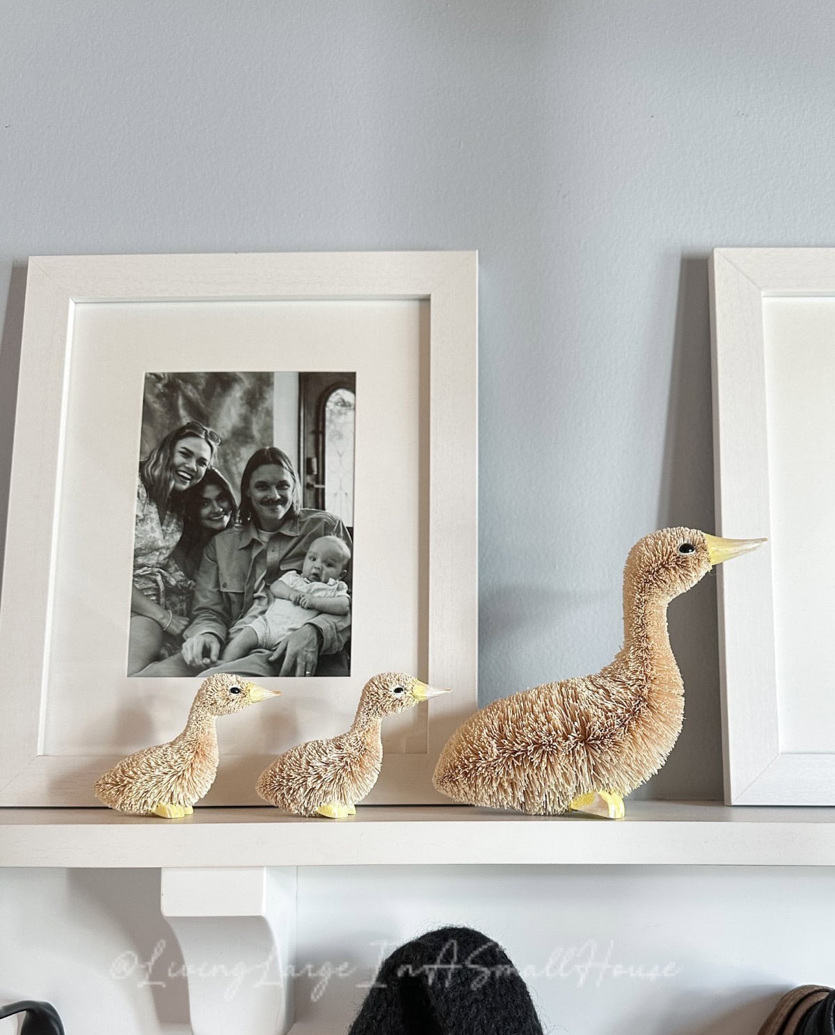 A whimsical framed family photo sits on a white shelf, surrounded by three straw duck figurines of varying sizes, creating the perfect spring mantel decor. The light-colored wall and shelf enhance this budget-friendly display of smiles and charm.