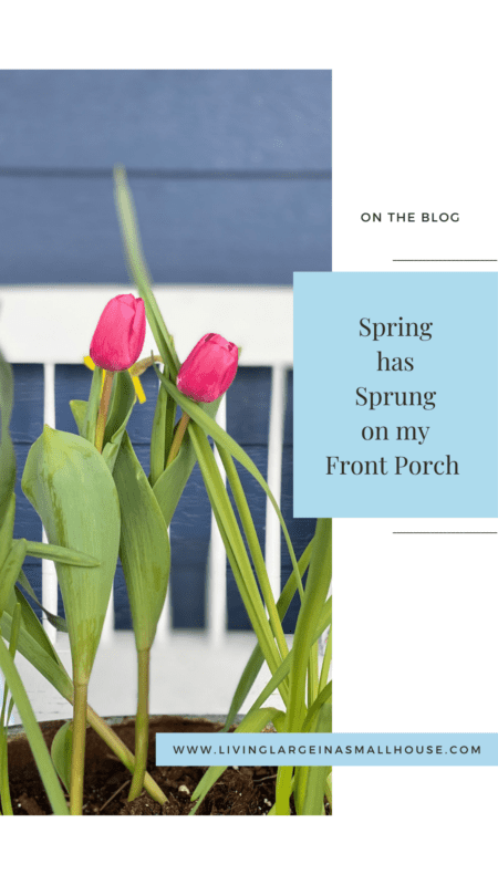 a pinterest graphic with a porch photo and an overlay that says "spring has sprung on my front porch"