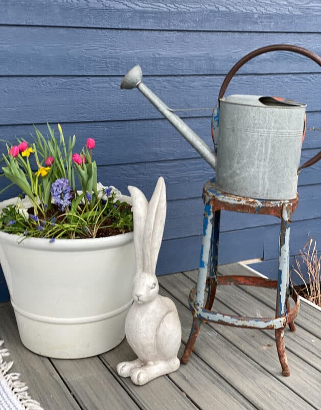 White pot on front porch with forced bulb spring flowers. daffodils, tulips, hyacinth and pansies. Next to it is a wooden bunny, a vintage step stool and a vintage watering can on the seat. All part of my spring has sprung on my front porch.