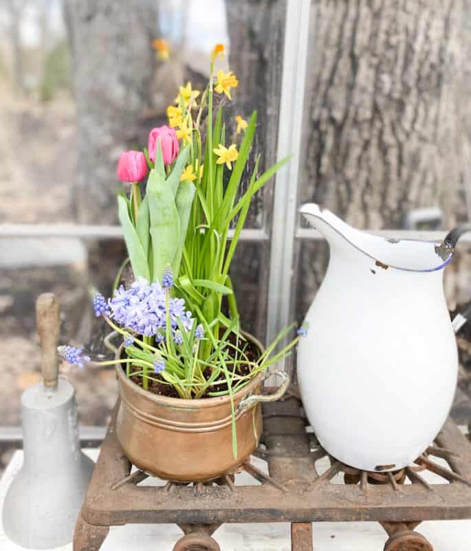 spring flowers in a copper post. pink tulips, yellow daffodils, and blue hyacinth,