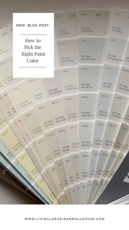 pinterest graphic with a picture of paint deck fanned out and an overlay that reads "How to pick the right paint color"
