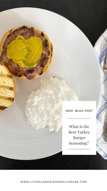 pinterest graphic with a picture of a turkey burger and an overlay that reads "What is the best Turkey Burger Seasoning?"