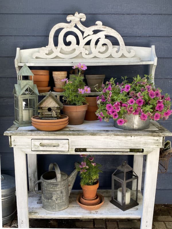 image of my vintage gardening bench filled with terra cotta pots and plants. I will be sharing my 5 tips from the gardening bench from here :)
