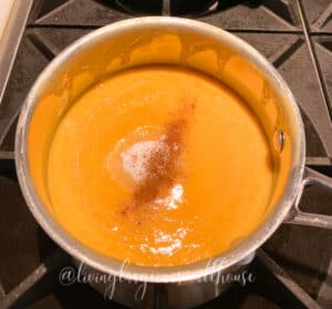 simple peach syrup in a sauce pan with the sugar and the cinnamon
