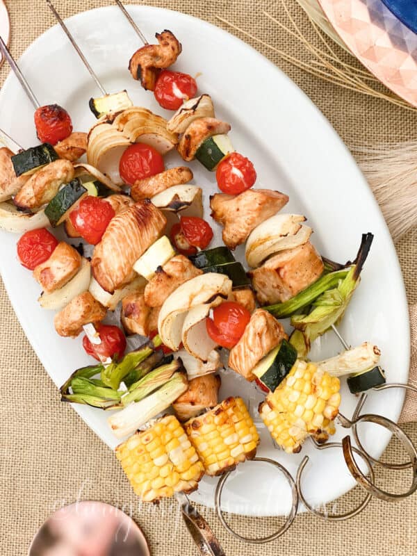 Marinated chicken and veggies on skewers. Ready for the grill