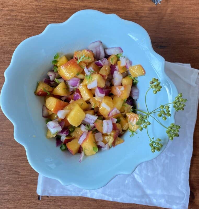 blue bowl with peach salsa and a garnish of coriander seeds 