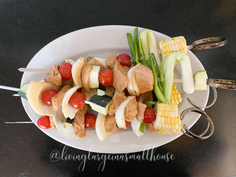 chicken and veggies on the skewers ready for the grill