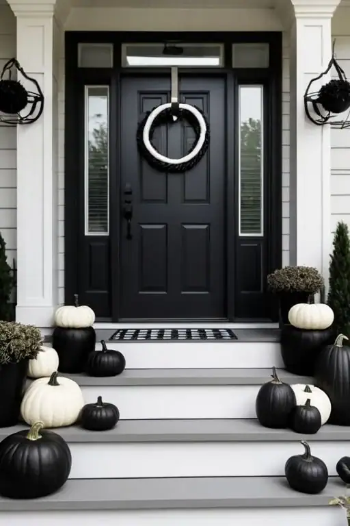 Black door with a wreath, fall porch decor of black and white pumpkins, and potted plants on the front steps.