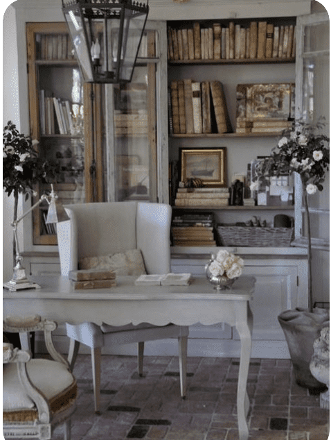 this French country office with bookshelves and a French desk & chair are part of my inspiration for the one room challenge fall 2022 edition