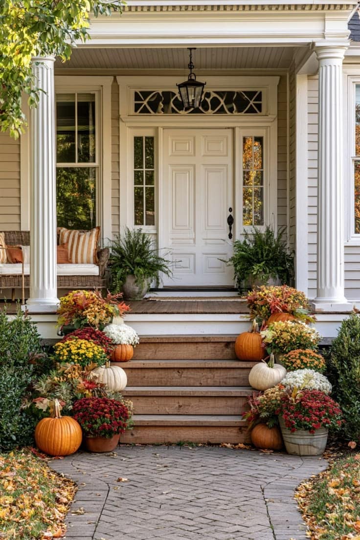 Charming Fall Porch Decor with pumpkins, mums, and ferns lining the steps up to a welcoming white door.