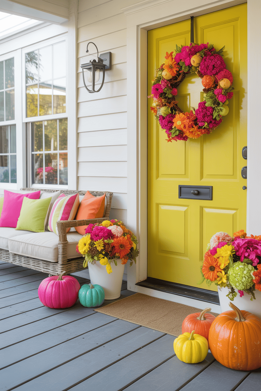Cozy porch with Fall Porch Decor—yellow door, floral wreath, colorful pumpkins, and flower-filled pots by a comfy sofa.