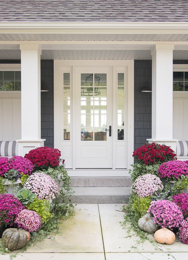 White front door with side windows, pink and red flowers, greenery, pumpkins—the perfect Fall Porch Decor setting.