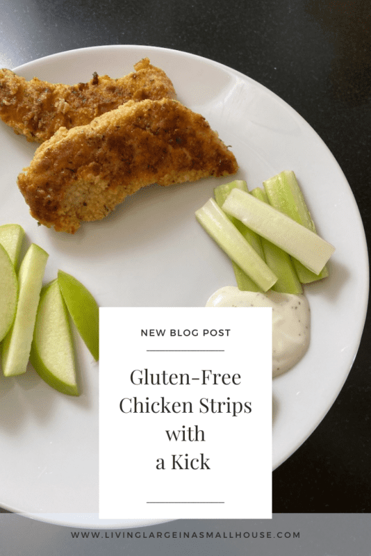 pinterest graphic with a picture of the plated chicken strips and an overlay that reads "gluten-free chicken strips with a kick"