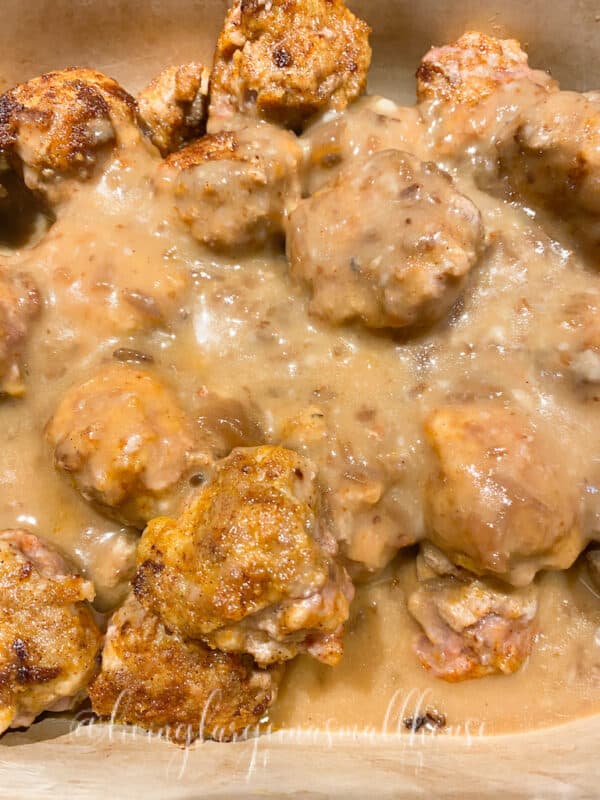 the Swedish meatballs with the creamy sauce ready to go into the oven
